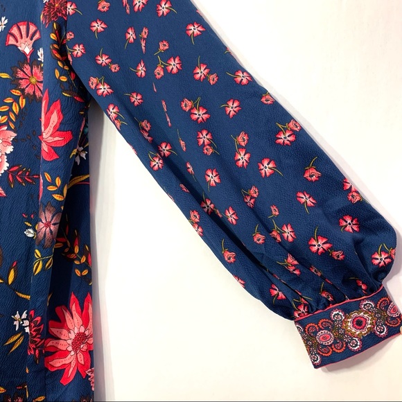 LOFT Women's Blue Pink Floral Mandarin Collar Long Sleeve Shift Dress - Picture 6 of 11